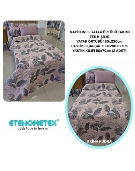 ETEHOMETEX Pamuklu Kapitoneli Yatak Örtüsü TAKIMI TEK KİŞİLİK ARİNA PUDRA 8696474232127